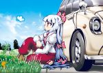  car cigarette fujiwara_no_mokou hair_ribbon motor_vehicle nature red_eyes ribbon silver_hair smoking sukiyo touhou vehicle 