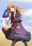  brown_hair grune grune_(artist) highres holo long_hair red_eyes spice_and_wolf tail wheat wolf_ears wolf_tail 