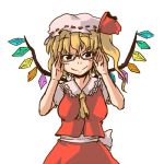  adjusting_glasses ameimo ascot bangs bespectacled blonde_hair bow crystal flandre_scarlet glasses hat hat_bow looking_at_viewer lowres simple_background skirt skirt_set smile solo touhou white_background wings 