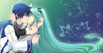  1girl closed_eyes couple detached_sleeves green_hair hatsune_miku hug kaito kiss long_hair salovesy twintails very_long_hair vocaloid 