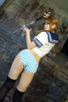  arisugawa_shii cleavage cosplay croptop glasses mikuru_(model) panties photo sailor_uniform school_uniform striped sword tagme_character the_art_of_yamashita_shunya thigh-highs twin_braids 