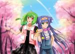  blue_hair green_eyes green_hair hairband hand_holding holding_hands klan_klein long_hair macross macross_frontier multiple_girls open_mouth orange_eyes petals ranka_lee short_hair very_long_hair w_rong 