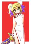  blonde_hair bun_cover china_dress chinadress chinese_clothes double_bun fate/stay_night fate_(series) green_eyes hair_ribbon ribbon saber sword type-moon weapon 