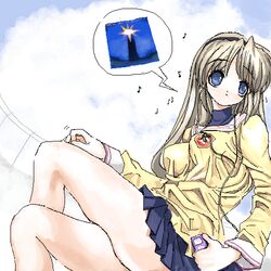  blue_eyes cd_cover clannad cover crossed_legs digital_media_player duplicate earphones hairband ipod juuyon long_hair musical_note oekaki sakagami_tomoyo school_uniform silver_hair sitting 