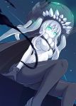  1girl blue_eyes bodysuit breasts cape from_below gloves glowing glowing_eyes hat highres kantai_collection long_hair looking_down monster night okome_(minagisama) pale_skin personification shinkaisei-kan short_hair silver_hair sitting solo wo-class_aircraft_carrier 