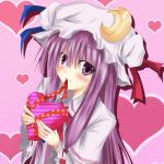  blush chocolate crescent hat heart hitsuji_(pixiv) long_hair mouth_hold patchouli_knowledge purple_hair ram_hachimin solo touhou valentine 