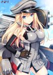  1girl bismarck_(kantai_collection) blonde_hair blue_eyes breasts brown_gloves cannon detached_sleeves gloves hand_on_hip hat kantai_collection large_breasts long_hair looking_at_viewer military military_uniform peaked_cap personification revision sayori solo thigh-highs uniform 