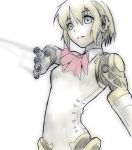  android blonde_hair blue_eyes bow cyborg gun nilitsu persona persona_3 ribbon short_hair simple_background solo weapon 