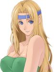  1girl bare_shoulders blonde_hair blue_eyes blue_headband breasts bust celes_chere erect_nipples female final_fantasy final_fantasy_vi headband long_hair parted_lips signature simple_background sketch smile solo strapless white_background yukihiro 