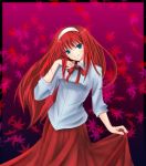  1girl blue_eyes hairband leaf leaves long_hair long_skirt red_hair red_skirt redhead rico_(pixiv) skirt skirt_hold smile solo tohno_akiha toono_akiha tsukihime type-moon vermillion_akiha 