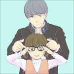  brown_eyes brown_hair child doujima_nanako glasses grey_hair kona_kanako narukami_yuu persona persona_4 school_uniform seta_souji short_hair smile twintails 