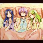  3girls asakura_ryouko bed blue_hair girl_sandwich green_hair hair_ornament hairclip highres kimidori_emiri long_hair multiple_girls nagato_yuki nightgown pillow purple_hair short_hair sleeping suzumiya_haruhi_no_yuuutsu urushima000 