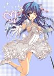  1girl blue_hair breasts cleavage corset dress foreshortening gloves golf_club happy head_wings headwings high_heels legs long_hair outstretched_arm outstretched_hand pangya purple_eyes shoes violet_eyes wedding_dress wind_lift wink yukiwo 