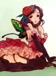  black_hair bondage boots butterfly_wings chain chains collar deathsmiles dress elbow_gloves fairy flower garter_belt gloves leash mole panties rosa_(deathsmiles) rose_(deathsmiles) slave thigh-highs thighhighs underwear wanko_(pixiv) wings 