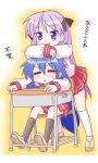  blue_hair desk duplicate hiiragi_kagami izumi_konata long_hair lowres lucky_star purple_hair school_uniform twintails 