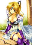  blonde_hair blue_eyes boots breasts bridal_gauntlets cape circlet cleavage crown final_fantasy final_fantasy_iv fingerless_gloves gloves large_breasts legs long_hair okonogi_noi ponytail rosa_farrell solo thigh-highs thigh_boots thighhighs thighs 