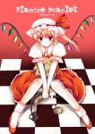  blonde_hair blush character_name checkered flandre_scarlet hat sitting solo stuffed_animal stuffed_toy teddy_bear tiles touhou v_arms wings 