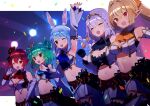  5girls :d ;d animal_ear_fluff animal_ears arm_up armpits ascot bangs blonde_hair blue_ascot blue_hair braid breasts carrot_hair_ornament closed_eyes commentary_request detached_sleeves double_bun elbow_gloves eyebrows_visible_through_hair flat_chest food-themed_hair_ornament gloves green_hair hair_between_eyes hair_ornament hat highres hololive hololive_fantasy houshou_marine large_breasts long_hair long_sleeves looking_away medium_breasts mini_hat multicolored_hair multiple_girls navel one_eye_closed orange_ascot pointy_ears ponytail rabbit_ears red_ascot red_eyes redhead shiranui_flare shirogane_noel short_eyebrows short_hair signature simple_background skirt small_breasts smile stomach striped sweat teeth thick_eyebrows tiara twin_braids twintails two-tone_hair upper_teeth uruha_rushia usada_pekora virtual_youtuber white_gloves white_hair white_skirt wrist_cuffs zenshin 
