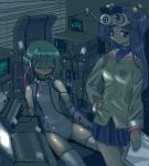  blue_hair clannad closed_eyes crossover green_hair hair_bobbles hair_ornament hand_on_hip ichinose_kotomi juuyon long_hair lowres multi nightvision oekaki robot_ears school_uniform scientist thighhighs to_heart twintails two_side_up 