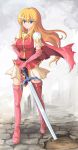  blue_eyes boots cape echizen elbow_gloves fire_emblem fire_emblem:_seisen_no_keifu fire_emblem_genealogy_of_the_holy_war gloves hand_on_hip highres lachesis lachesis_(fire_emblem) long_hair skirt sword tabard thigh-highs thigh_boots thighhighs weapon zettai_ryouiki 