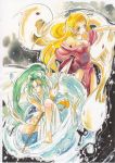  barefoot blonde_hair byunei demon demon_girl dress forneus ishii long_hair pointy_ears polearm red_eyes romancing_saga_3 saga trident water weapon 