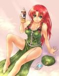  bad_id barefoot bottle braid breasts digital_media_player drink feet hat hat_removed headwear_removed hong_meiling ipod no_bra product_placement red_hair redhead solo takemori_shintarou touhou twin_braids 