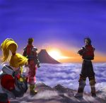  blonde_hair boots breath cloud clouds crossed_arms crossover excellen_browning fingerless_gloves from_behind gloves highres kazue kyousuke_nanbu lens_flare male mountain mountaintop namco_x_capcom nanbu_kyosuke ponytail sky steam sunset super_robot_wars uniform 