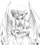  1girl azuki_(azuki-taste) covering_one_eye hat looking_at_viewer monochrome remilia_scarlet short_hair simple_background solo touhou white_background wings 