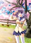  cherries cherry_blossoms clannad fujibayashi_kyou highres otoki_raku purple_eyes purple_hair salute school_uniform thigh-highs thighhighs violet_eyes 