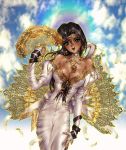  black_hair breasts choker circlet cleavage dark_skin dress evening_gown eventail fan feathers hand_on_thigh jewelry long_hair open_mouth pendant shirou_masamune shirow_masamune smile 