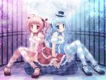  akane_(allegro_mistic) blue_hair checkerboard checkered garter_belt hair_ribbon hair_ribbons hat highres long_hair original pink_hair red_eyes ribbon ribbons sitting takano_yuki_(allegro_mistic) thigh-highs thighhighs twintails wallpaper zettai_ryouiki 