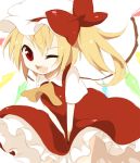  bow fang flandre_scarlet hat red_eyes ribbon rin_(artist) rin_(royal) side_ponytail touhou wings wink 