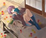  book brown_eyes cardigan cat feet leaf leaves lying nagato_yuki on_back potato_chips purple_hair reading sanho shade shamisen_(suzumiya_haruhi) socks suzumiya_haruhi_no_yuuutsu 