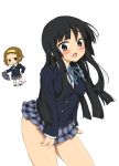  :3 akiyama_mio bad_id bangs black_hair blue_eyes blunt_bangs blush brown_eyes brown_hair hairband hime_cut itou_ayachi itou_ikuri k-on! long_hair multiple_girls no_panties plaid school_uniform short_hair skirt tainaka_ritsu tartan 