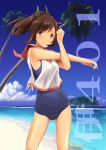  1girl blush brown_eyes brown_hair i-401_(kantai_collection) kantai_collection looking_at_viewer one-piece_swimsuit personification ponytail sailor_collar school_swimsuit school_uniform short_hair short_ponytail smile solo swimsuit wa_(genryusui) 