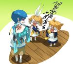  blonde_hair blue_hair detached_sleeves hatsune_miku highres kagamine_len kagamine_rin kaito kunieda_(miniaturegarden) piggyback pointing scarf strangle strangling strangulation tears vocaloid young 