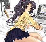  clannad computer computer_keyboard ichinose_kotomi instrument juuyon keyboard keyboard_(instrument) laptop mixer musical_note purple_eyes roland_tr-909 school_uniform synthesizer twintails violet_eyes 