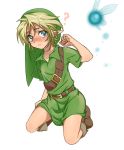  1boy blonde_hair blue_eyes blush child clenched_hand hat kneeling link looking_at_viewer male_focus mimitchilove navi nipples pointy_ears shiny shiny_skin simple_background solo the_legend_of_zelda the_legend_of_zelda:_ocarina_of_time white_background young_link younger 