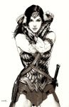  1girl amazon armlet armor bangle belt bracelet dawn_of_justice dc_comics dccu diana_prince gal_gadot garnabiel jewelry lasso looking_at_viewer monochrome pteruges rope scabbard sheath sheathed_sword simple_background sleeveless solo sword tiara vambraces weapon white_background wonder_woman wonder_woman_(series) 