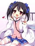  1girl bed black_hair coat doctor female happy labcoat long_hair looking_at_viewer love_live!_school_idol_project open_mouth red_eyes solo stethoscope striped striped_legwear thigh-highs twintails uguisu_mochi_(ykss35) yazawa_nico 