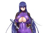  akiyama_rinko aoi_nagisa_(artist) armor blue_hair bodysuit breasts cleavage cleavage_cutout covered_navel fishnets hand_on_hip japanese_armor kote large_breasts long_hair ninja sheath sheathed taimanin_yukikaze under_boob violet_eyes 