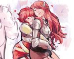  2girls feathers fire_emblem fire_emblem_if hinoka_(fire_emblem_if) horse hug multiple_girls pegasus redhead cordelia_(fire_emblem) yuri 