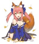  1girl :d animal_ear_fluff animal_ears bangs blue_kimono breasts brown_eyes choker cleavage detached_sleeves eyebrows_visible_through_hair fate/extra fate_(series) floating_hair fox_ears fox_tail hair_between_eyes highres japanese_clothes kimono large_breasts leaf long_hair looking_at_viewer open_mouth pink_hair purple_legwear shiny shiny_clothes simple_background sitting smile solo tadaomi_(amomom) tail tamamo_(fate)_(all) tamamo_no_mae_(fate) twintails white_background 