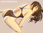 1girl all_fours amagami artist_name ass black_hair blue_eyes competition_swimsuit copyright_name from_above lips long_hair looking_back morishima_haruka one-piece_swimsuit solo swimsuit wakino_keibun 
