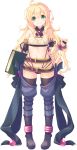  1girl aquaplus blonde_hair book boots detached_sleeves dungeon_travelers_2 erthuricia_vitor_de_ritzhevin full_body highres holding kokonoka long_hair looking_at_viewer official_art smile solo thigh-highs transparent_background 