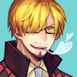  1boy blonde_hair blue_background facial_hair glasses goatee hair_over_one_eye heart necktie one_piece sanji sanme simple_background smoking solo 