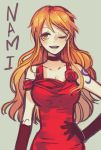  1girl character_name dress gloves hand_on_hip nami_(one_piece) one_piece orange_hair red_dress sanme solo wink 