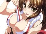  1girl artist_request between_breasts blush breasts brown_eyes brown_hair cleavage fan fatal_fury huge_breasts king_of_fighters looking_at_viewer queen&#039;s_gate shiranui_mai solo tagme tongue 