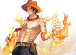  1boy abs belt bracelet character_name fire freckles hat jewelry kirayoci knife necklace one_piece portgas_d_ace sheath sheathed smile solo stampede_string tattoo topless wallpaper 