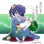  1girl blue_skin flower hair_flower hair_ornament hair_over_one_eye highres japanese_clothes kimono leviathan_(skullgirls) red_eyes ringo_tou_hachimitsu side_ponytail skullgirls squigly_(skullgirls) stitched_mouth zombie 